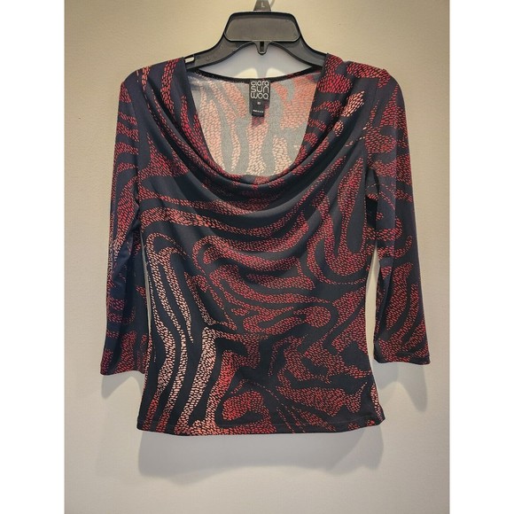 Clara Sun Woo Tops - Clara Sun Woo Blouse 3/4 Sleeve Black Abstract Print Draped Neck Sz Xs